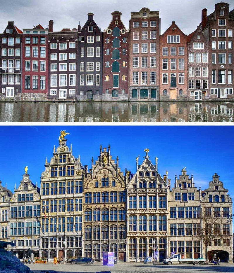 kamienice Amsterdamu i Antwerpii