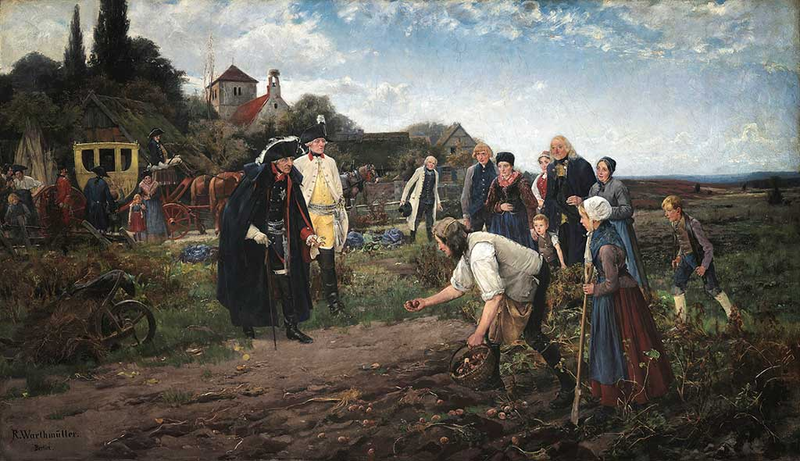 Fryderyk Wielki, król Prus, ogląda zbiory ziemniaków