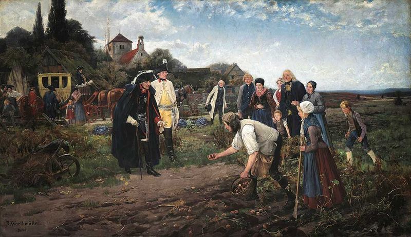 Fryderyk Wielki, król Prus, ogląda zbiory ziemniaków