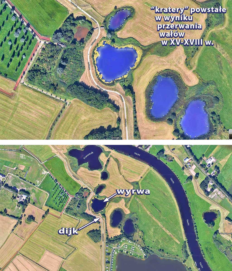 kratery po przerwanych wałach powodziowych