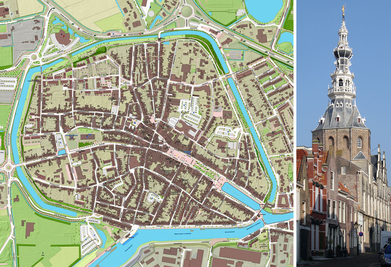 Plan miasta i wieża ratusza