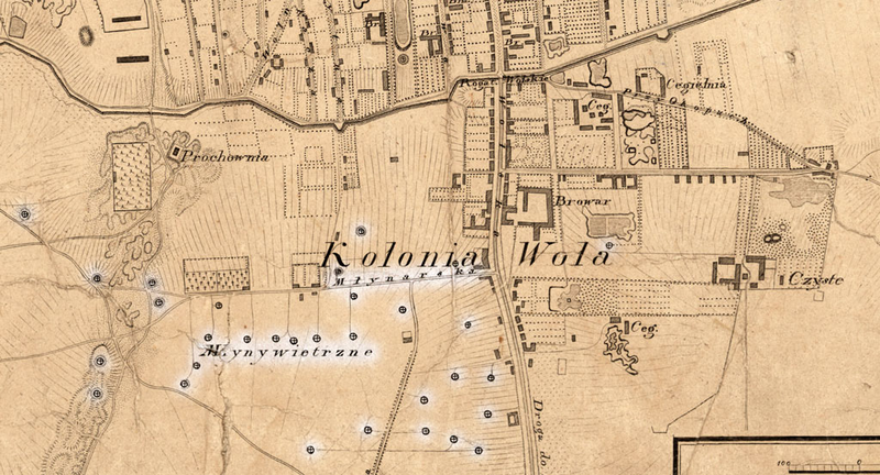 fragment planu Warszawy z wiatrakami