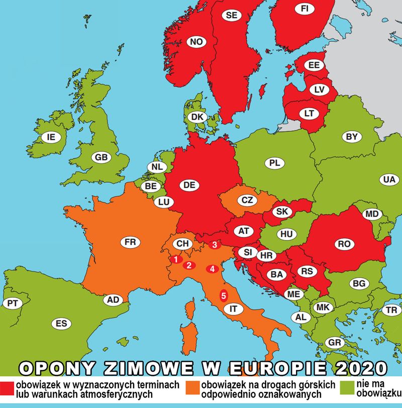 kraje obowiązek opon zimowych
